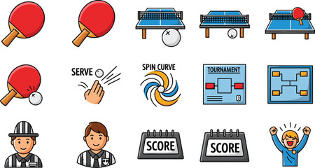 Cartoon table tennis icon set with paddles, serve, score, referee and excited player illustrations