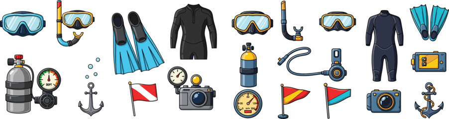 Cartoon set of scuba diving equipment, including mask, snorkel, fins, wetsuit, tank, camera, flag, anchor, and depth gauge.