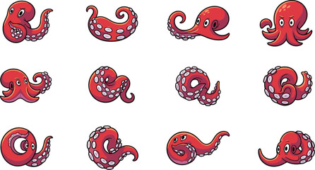Set of cartoon octopus vector illustration in various poses and expressions