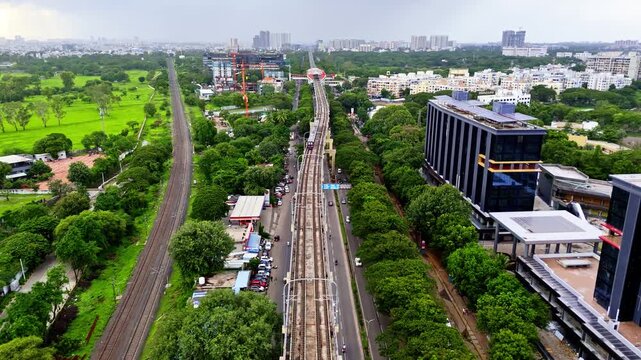 Aerial view reveals pune cityscape with corporate buildings