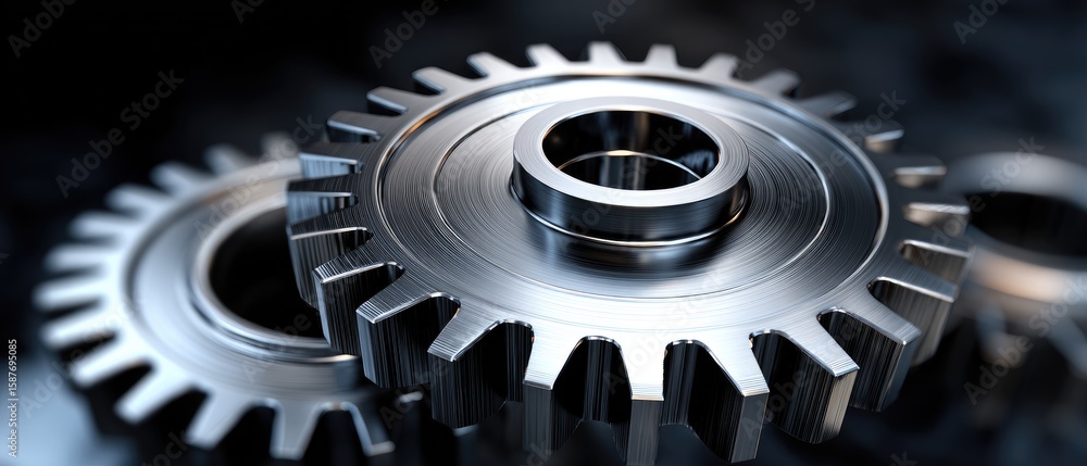 Poster metallic gears engineering torque concept. close-up of metallic gears interlocking in a mechanical s