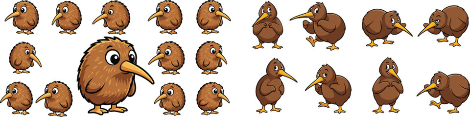 Collection of cartoon kiwi birds in various poses, standing, walking, with different expressions isolated on white.