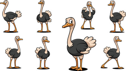 Cartoon ostrich poses collection vector illustration