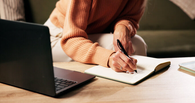 Hands, person and writing on journal in home for reminder, agenda or planning with ideas. Diary, notes and senior woman with notebook for checklist, tasks and schedule with information for to do list