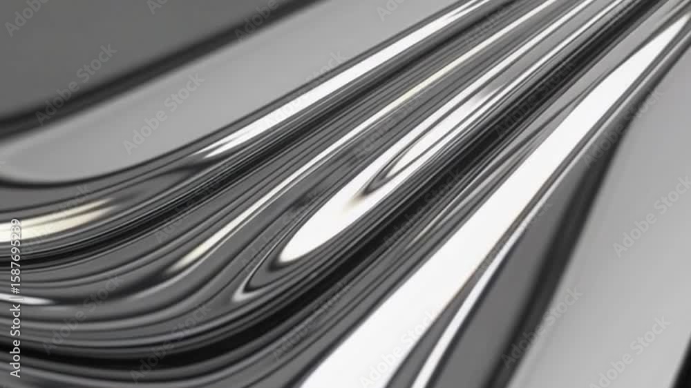 Poster an abstract close-up of shiny, fluid metal. the light reflects smoothly across the curves, creating 