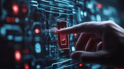 A hand interacting with a futuristic digital interface with red and blue glowing elements displayed