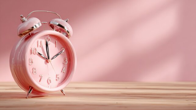 Pink vintage alarm clock on a wooden surface with a soft pink background and gentle shadows, evoking a sense of nostalgia and tranquility.