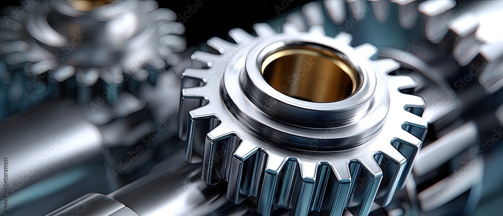 Poster metallic gears engineering torque concept. close-up view of metallic gears showcasing intricate deta