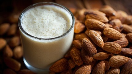 A glass of creamy almond milk surrounded by whole almonds on a wooden surface, highlighting a healthy and dairy-free beverage option.