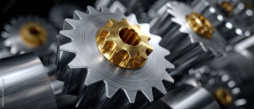 Poster metallic gears engineering torque concept. close-up of interlocking metallic gears with intricate de