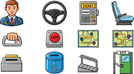 Cartoon illustration of a bus: driver, steering wheel, ticket machine, seat, stop button, maps, coin box, access ramp, exit door, hand grab.