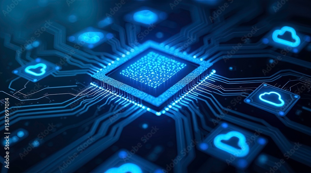 Poster 3d render close up of a central processing unit (cpu) on a circuit board, glowing blue.