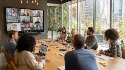 A diverse group of professionals gathers around a large table, engaged in lively discussion while connecting with team members on a screen. - Powered by Adobe