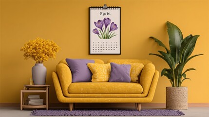 Cozy living room with yellow sofa, purple pillows, and spring calendar on yellow wall, featuring vibrant plants and decor.