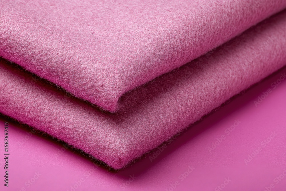 Poster folded pink fuzzy fabric rests on a matching surface showing texture and depth