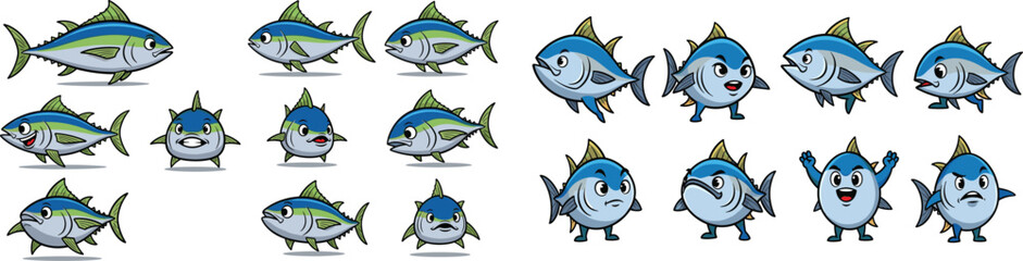 Fototapeta premium Cartoon tuna fish character collection with various poses and expressions, isolated on white.