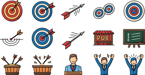 Cartoon set with targets, arrows, businessman, pub, and chalkboard icons.