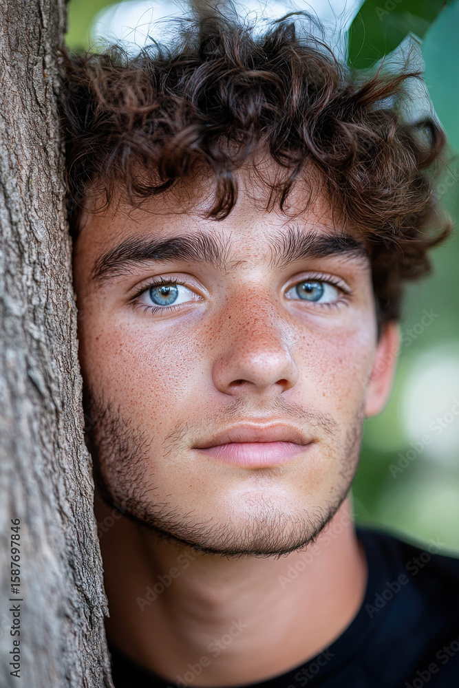 Poster portrait of a young man with bright eyes and a gentle expression, captured with a blurred forest bac
