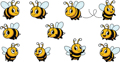 Set of cute cartoon bumble bee characters with various poses and expressions. Vector illustration.