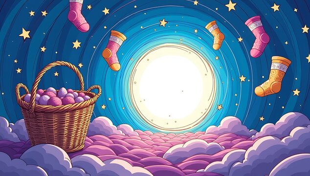 Thick-lined doodle of a surreal "lost sock dimension" &ndash; floating socks, portal, laundry basket, and spiral patterns in a dreamlike style.

