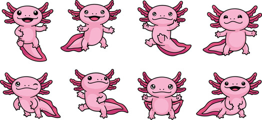 Set of pink axolotl cartoon characters with various expressions and poses.