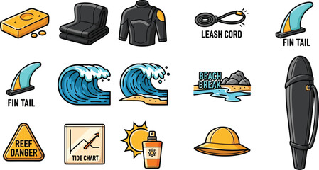 Cartoon set of surfing equipment icons: wetsuit, sunscreen, beach break, leash cord, fin tail, reef danger, tide chart, wax, and surfboard bag.