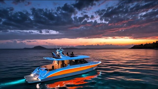 A boat on a body of water at sunset, with a colorful sky and islands in the background. The boat has a vibrant design with blue and orange lights illuminating it.