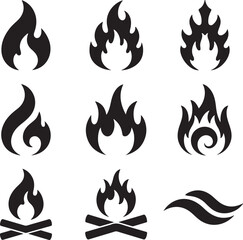 Black flame icons and campfire symbols heat