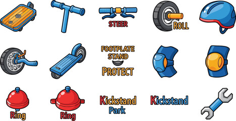 Cartoon vector set with scooter parts, protection elements, and hardware tools in blue, orange, and red.