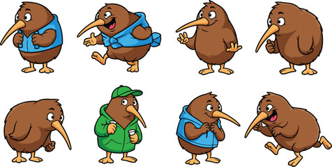 Cartoon kiwi birds vector set with different poses, expressions, and outfits.