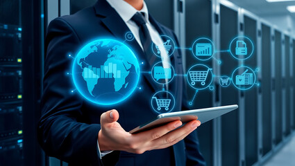 Businessman Holds Tablet Showing Global E Commerce Data Analytics Blue Globe Shopping Carts