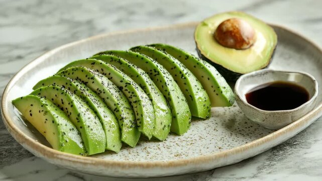 Avocado slice sprinkled with black sesame seed served on ceramic plate with half avocado and small bowl of sauce fresh green fruit healthy snack appetizer rich flavor smooth texture