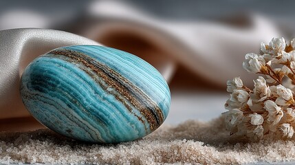 Fototapeta premium A polished, oval-shaped gemstone rests on a bed of fine sand.