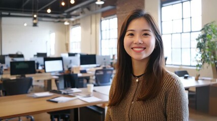 Young woman smile casual sweater at modern office workspace with computer desk technology natural light brightens positive confident atmosphere welcoming environment