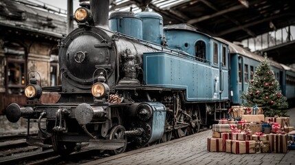 Obraz premium Vintage steam locomotive at a train station, adorned with a Christmas tree and gifts, evoking a festive and nostalgic holiday atmosphere.