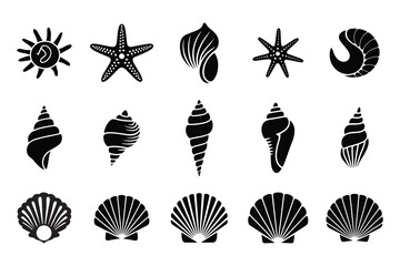 Seashell and Marine Life 2 set collection pack black icon silhouette vector flat illustration design on white background