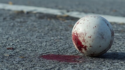 Worn white ball lies abandoned on asphalt, conveying a sense of danger, loss, and unanswered questions around the situation.