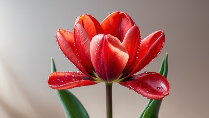 Red tulip flowers bloom against green and white backgrounds, showcasing nature's vibrant spring beauty