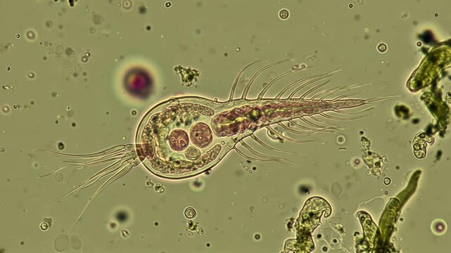 Close-up of Giardia lamblia parasite with its distinct teardrop shape and flagella, swimming in contaminated water