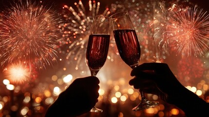 Two champagne glasses clink together against a backdrop of vibrant fireworks, celebrating a festive occasion with sparkling lights and joy.