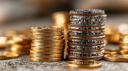 Stacks of gold and silver coins on a surface.