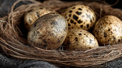 Decorated eggs nestled within a rustic nest.