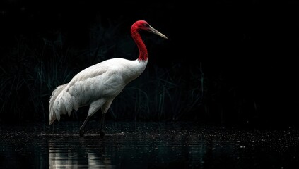 White crane with red neck, dark background