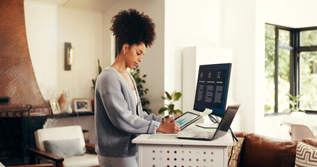 Remote work, tech and graphs with woman in home office for virtual assistant, client report or...