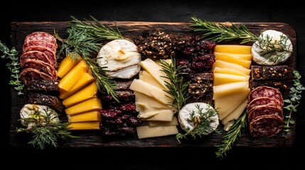 A rustic charcuterie board featuring assorted cheeses, salami, dried fruits, and fresh herbs on a dark wooden surface.