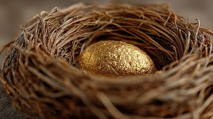 Golden egg nestled within a bird's nest.
