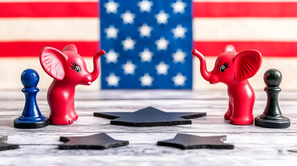 Blue donkey and red elephant cute toy mascots on US flag background, democrat and republican american political parties, 2024 US presidential election