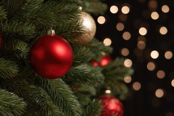 Obraz premium Shimmering ornaments hang on lush branches, creating festive atm