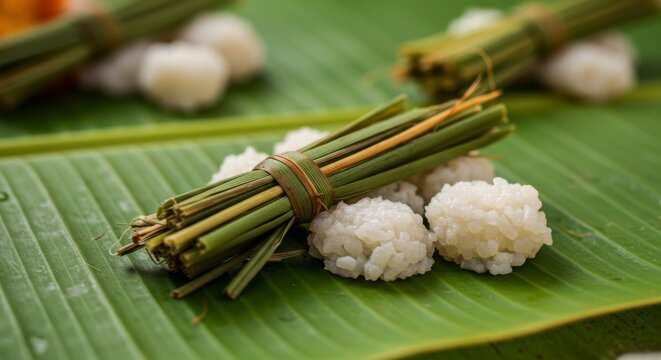 Close-up of sacred kusha grass and pind (rice balls) placed on banana leaf