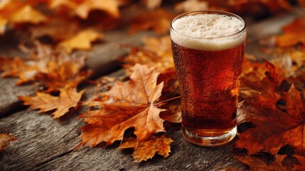 A glass of amber beer sits on a rustic wooden table surrounded by autumn leaves, capturing the essence of fall and cozy relaxation.